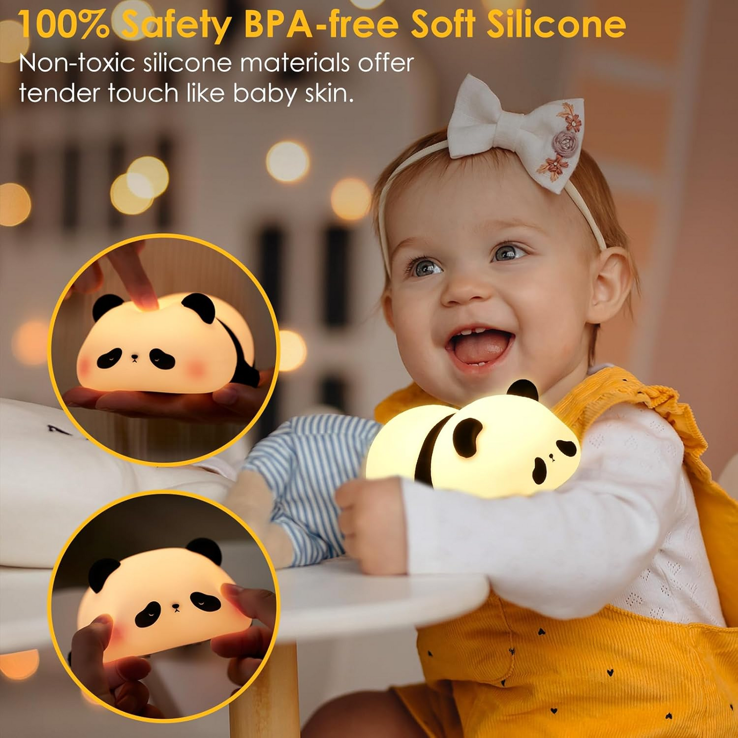 Cute Panda Silicone Night Light – USB Rechargeable Touch Control LED Bedside Lamp for Kids & Baby Room