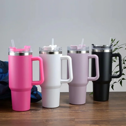 Stainless Steel Tumbler with Handle, Lid & Straw – Double-Wall Vacuum Insulated Travel Mug for Hot & Cold Drinks | Leak-Proof Coffee Cup
